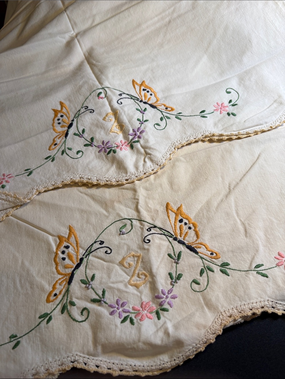 Embroidered Butterfly Linen set of 2 pillowcases Cream hand embroidery FF